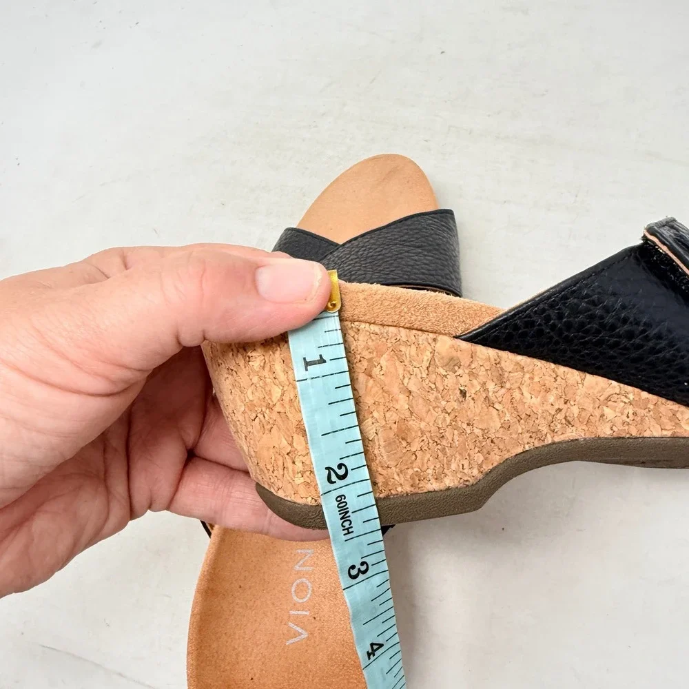 Vionic Black Leather Wedge Sandals Cork 8 Orthopedic Comfort Slides Supportive